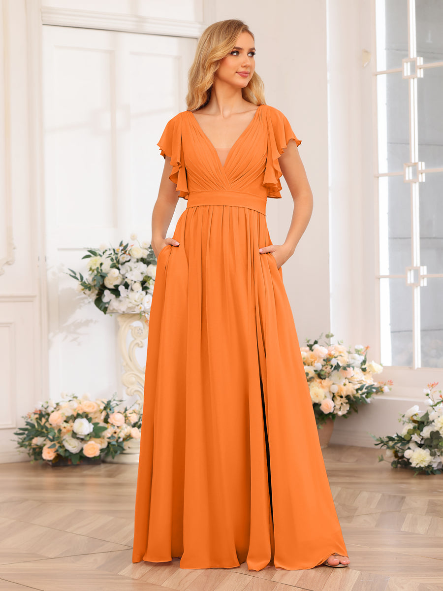 A-Line/Princess V-Neck Long Wedding Party Dresses with Split Side & Pockets Orange