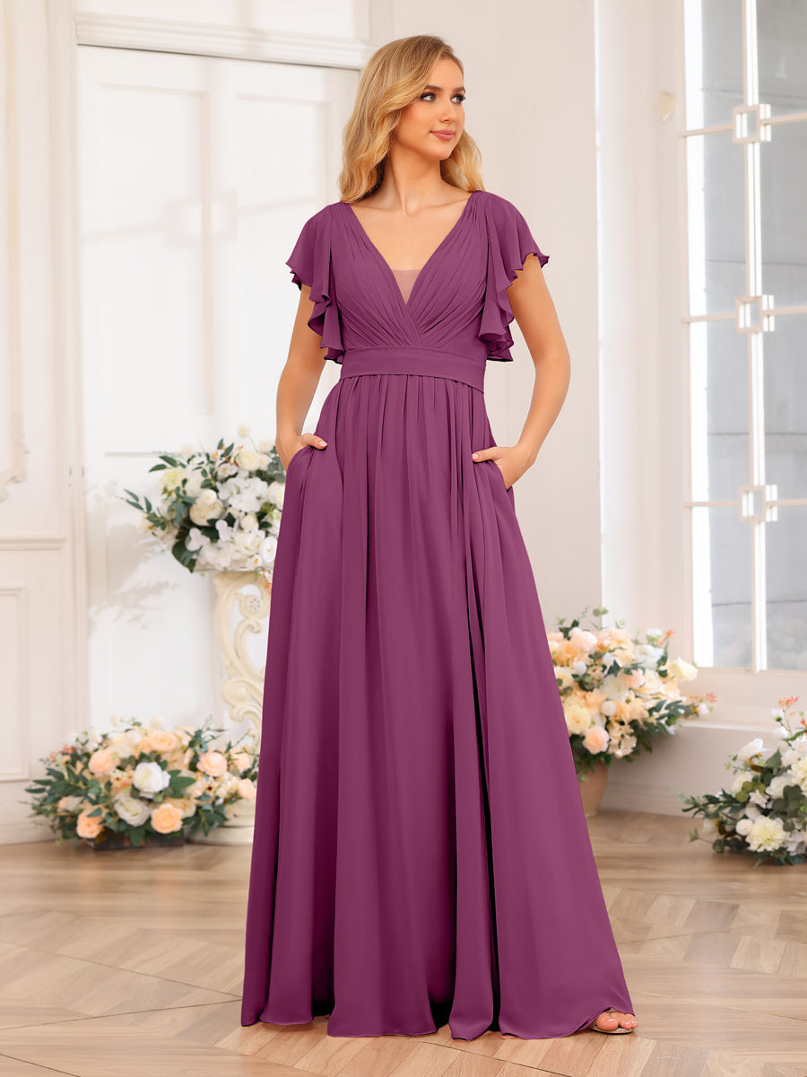 A-Line/Princess V-Neck Long Wedding Party Dresses with Split Side & Pockets Orchid