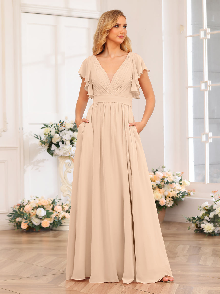 A-Line/Princess V-Neck Long Wedding Party Dresses with Split Side & Pockets Peach Pink