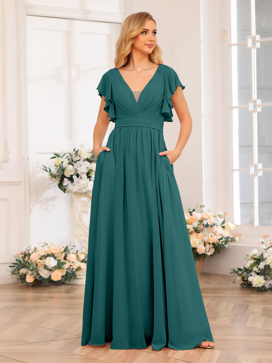 A-Line/Princess V-Neck Long Wedding Party Dresses with Split Side & Pockets Peacock