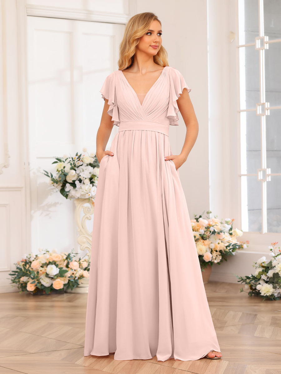 A-Line/Princess V-Neck Long Wedding Party Dresses with Split Side & Pockets Pearl Pink
