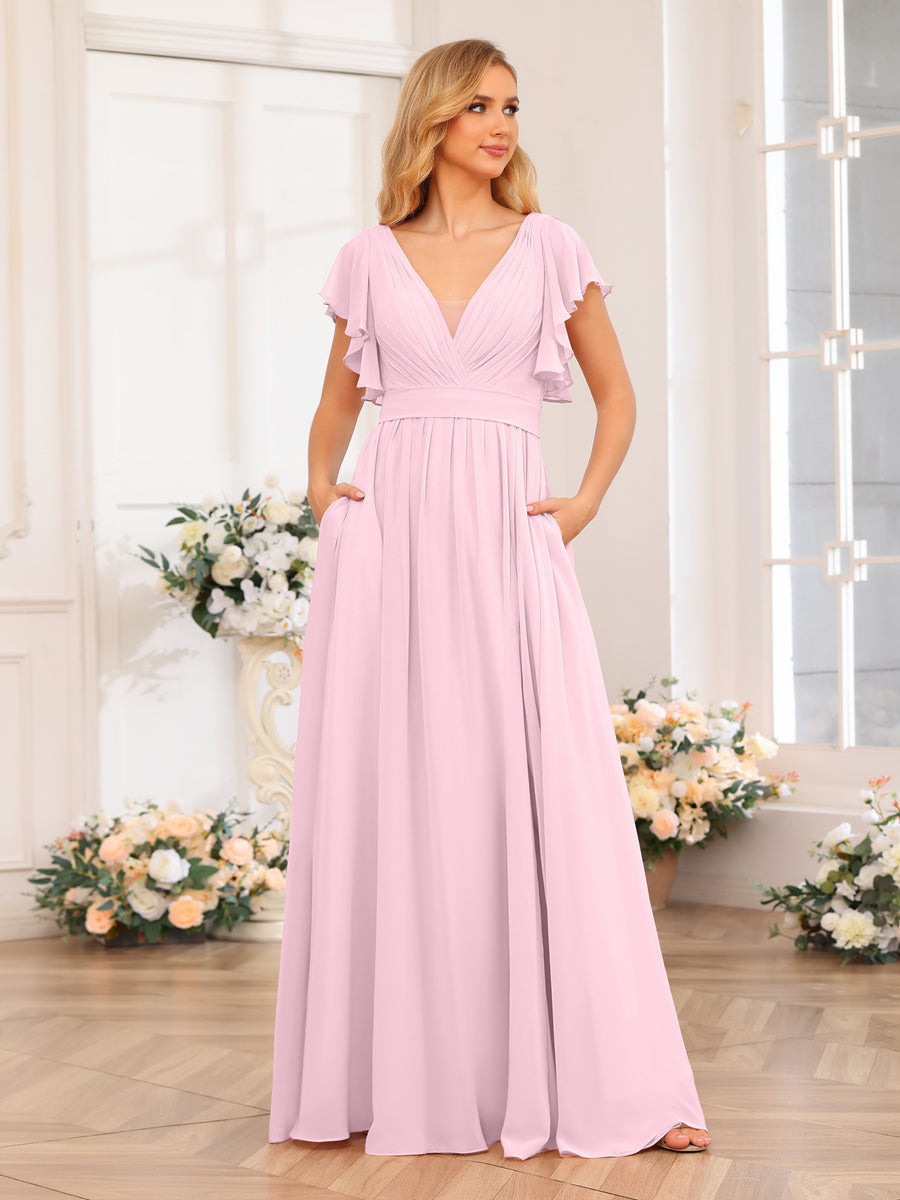 A-Line/Princess V-Neck Long Wedding Party Dresses with Split Side & Pockets Pink