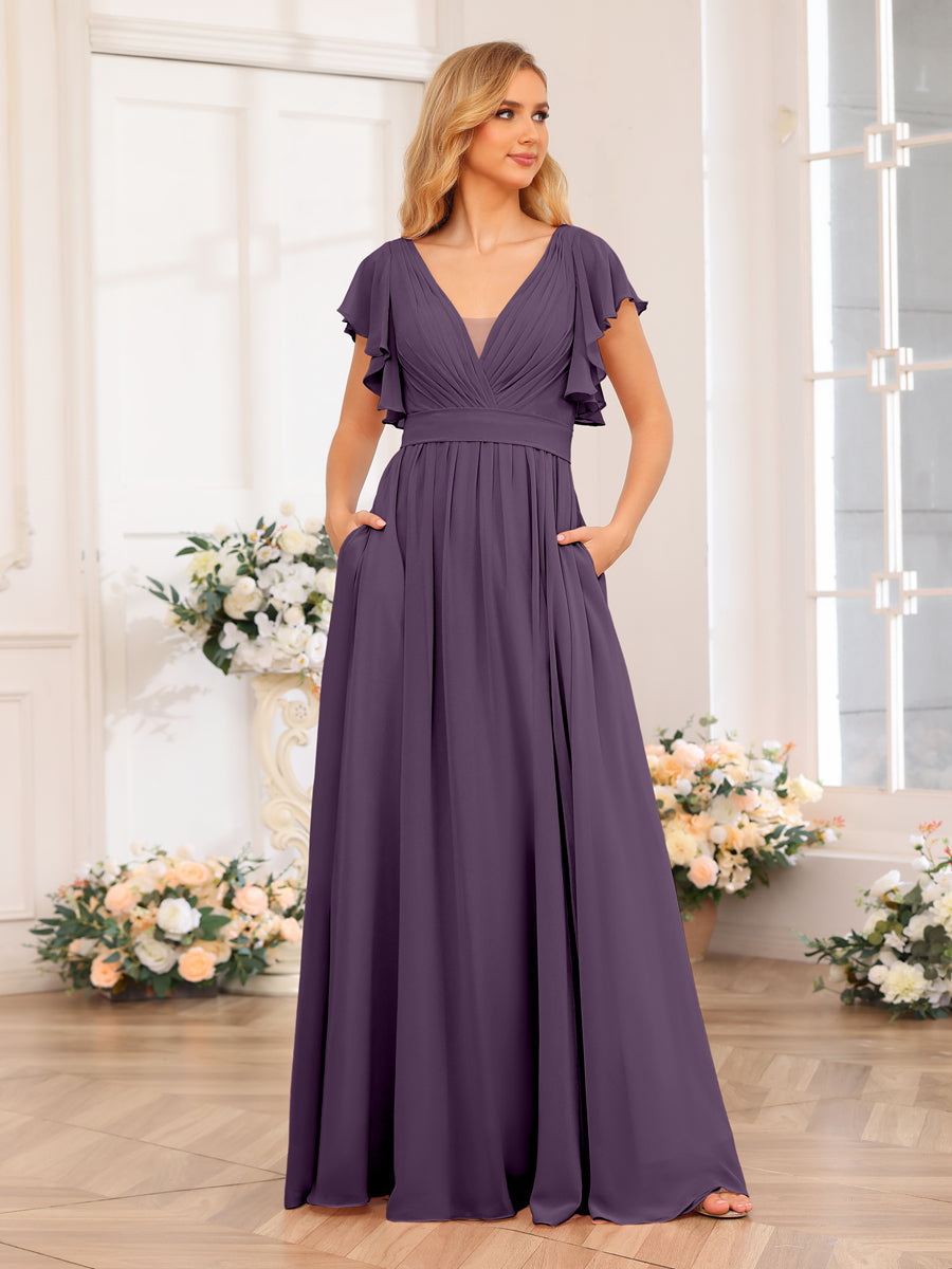 A-Line/Princess V-Neck Long Wedding Party Dresses with Split Side & Pockets Plum