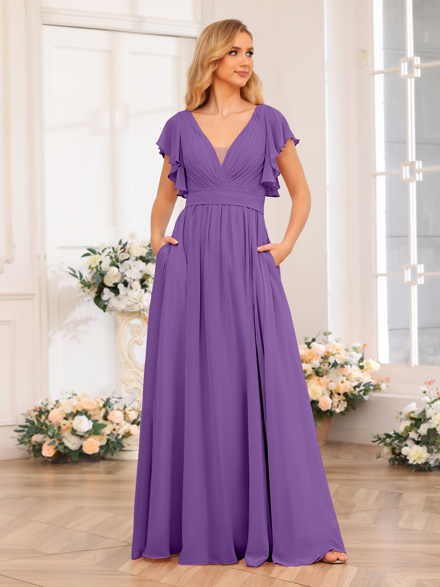 A-Line/Princess V-Neck Long Wedding Party Dresses with Split Side & Pockets Purple