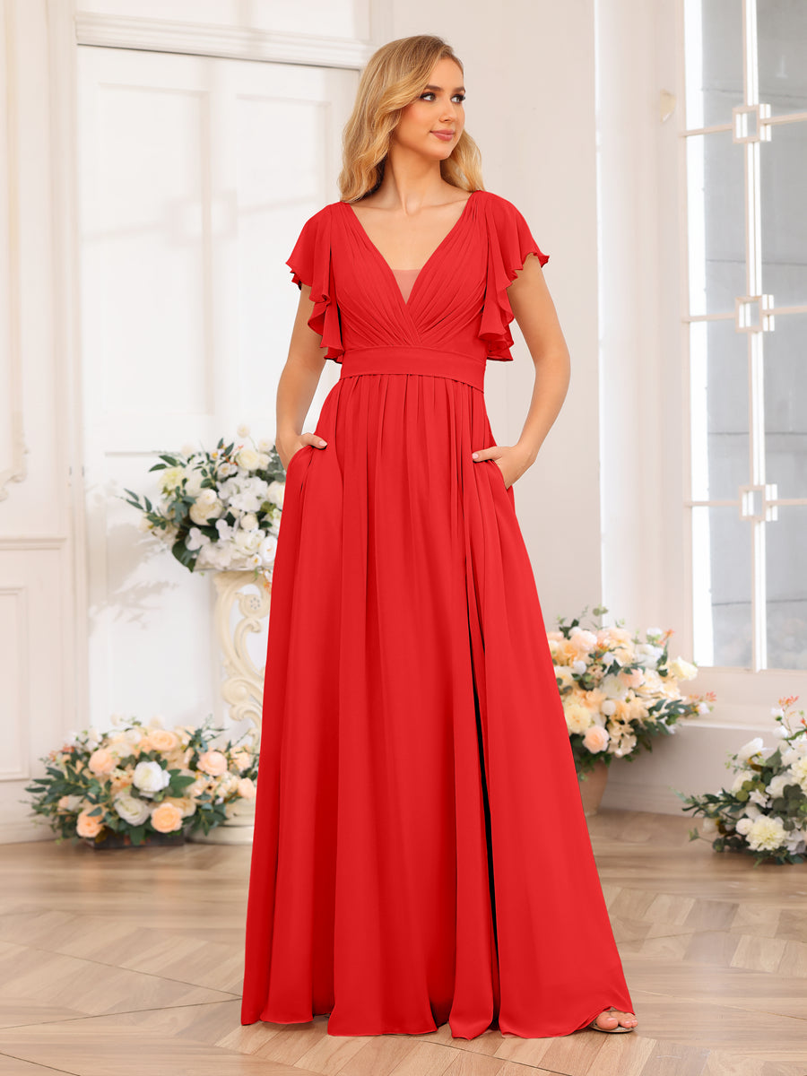A-Line/Princess V-Neck Long Wedding Party Dresses with Split Side & Pockets Red