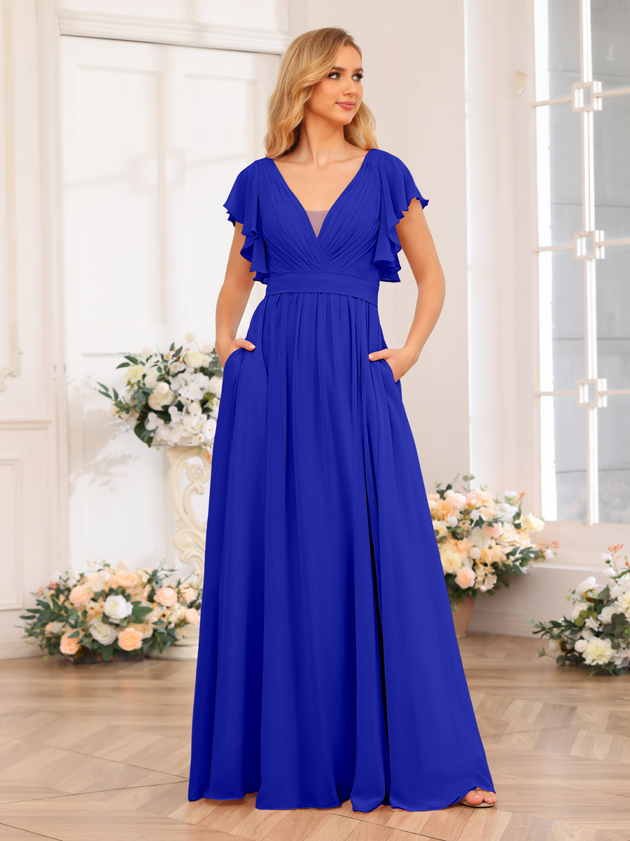A-Line/Princess V-Neck Long Wedding Party Dresses with Split Side & Pockets Royal Blue