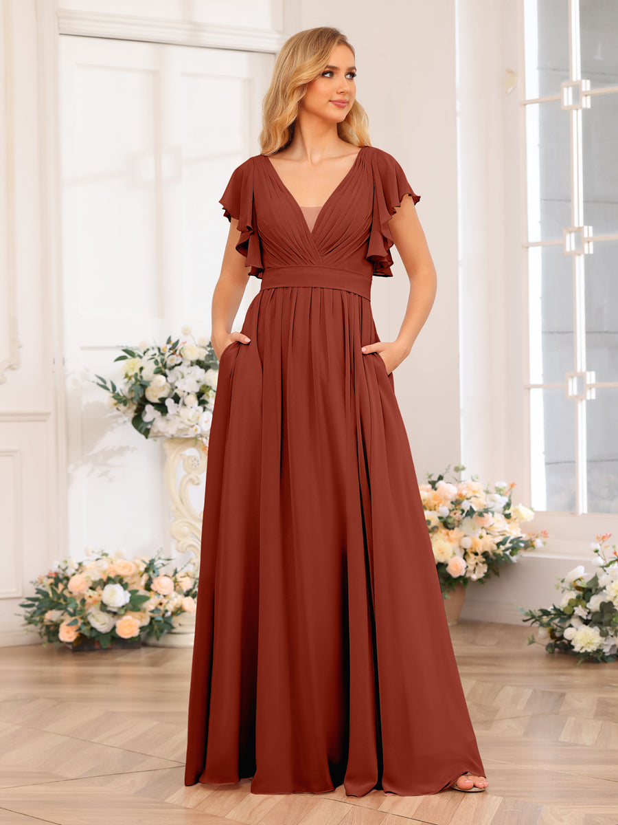A-Line/Princess V-Neck Long Wedding Party Dresses with Split Side & Pockets Rust