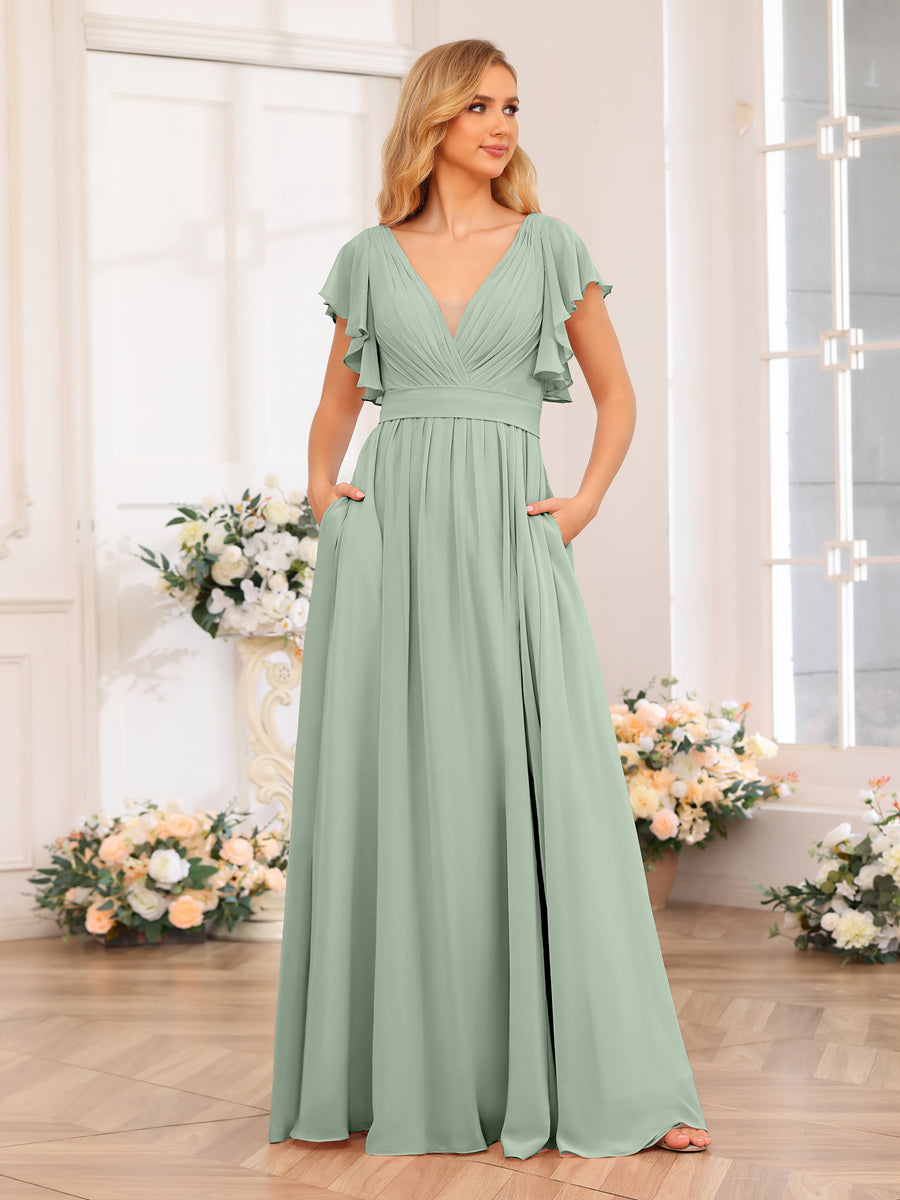 A-Line/Princess V-Neck Long Wedding Party Dresses with Split Side & Pockets Sage