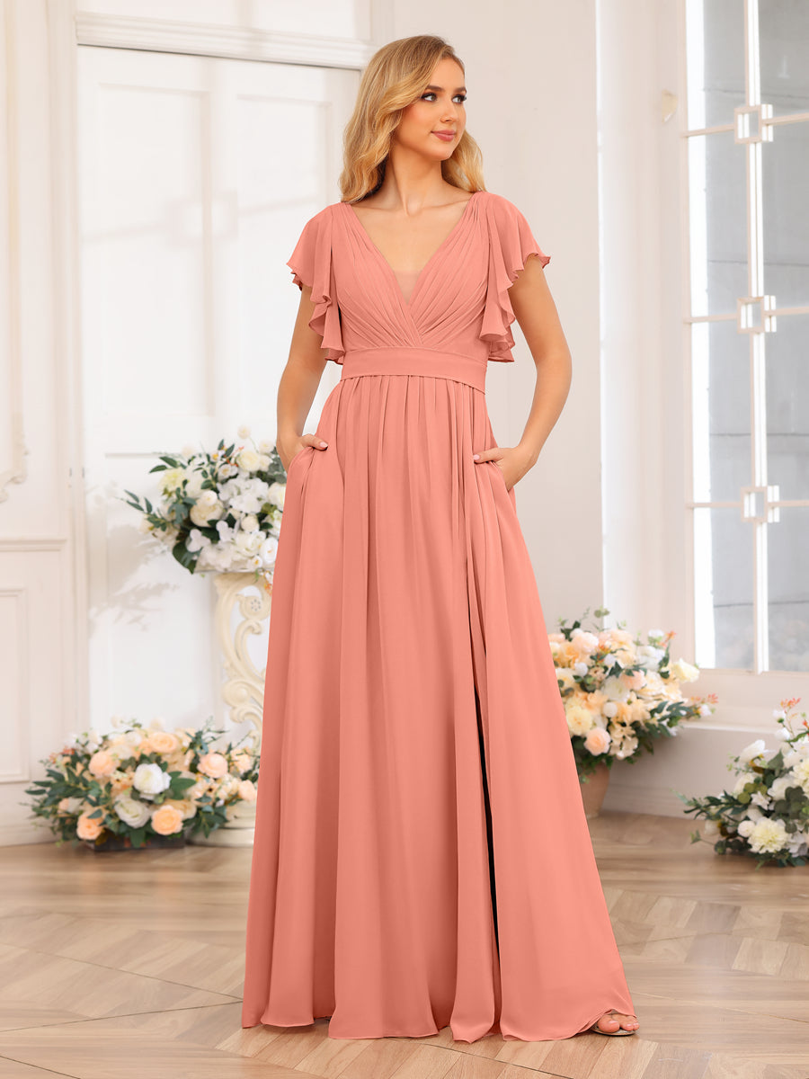 A-Line/Princess V-Neck Long Wedding Party Dresses with Split Side & Pockets Salmon
