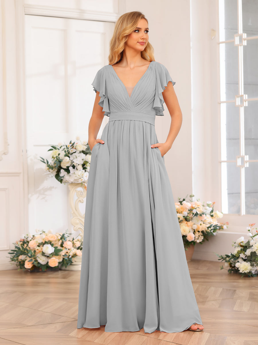 A-Line/Princess V-Neck Long Wedding Party Dresses with Split Side & Pockets Silver