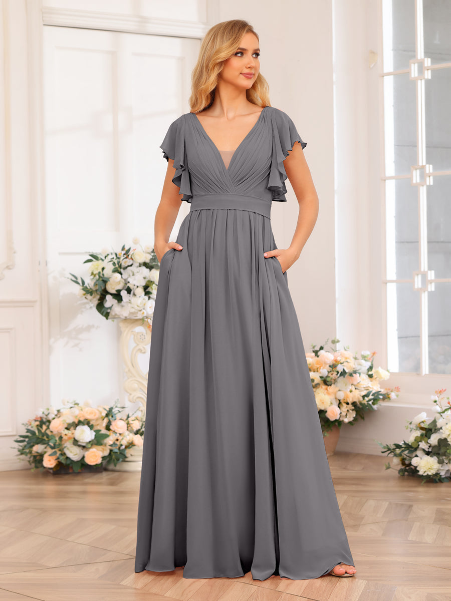 A-Line/Princess V-Neck Long Wedding Party Dresses with Split Side & Pockets Silver Gray