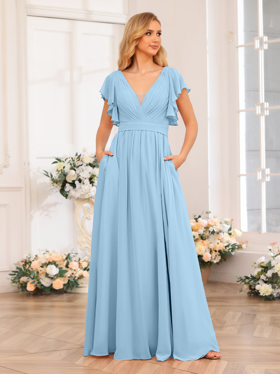 A-Line/Princess V-Neck Long Wedding Party Dresses with Split Side & Pockets Sky Blue