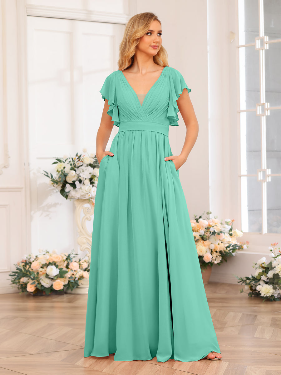 A-Line/Princess V-Neck Long Wedding Party Dresses with Split Side & Pockets Spa