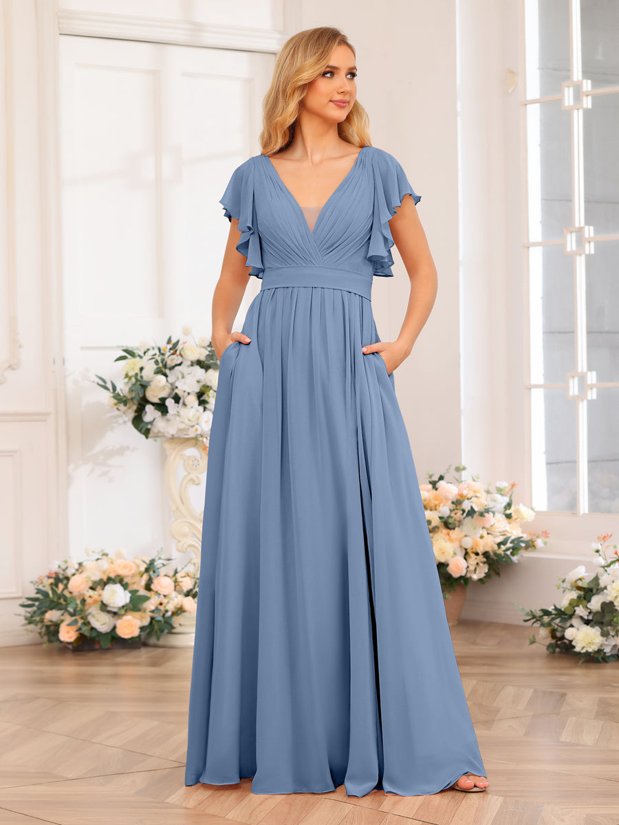A-Line/Princess V-Neck Long Wedding Party Dresses with Split Side & Pockets Steel Blue