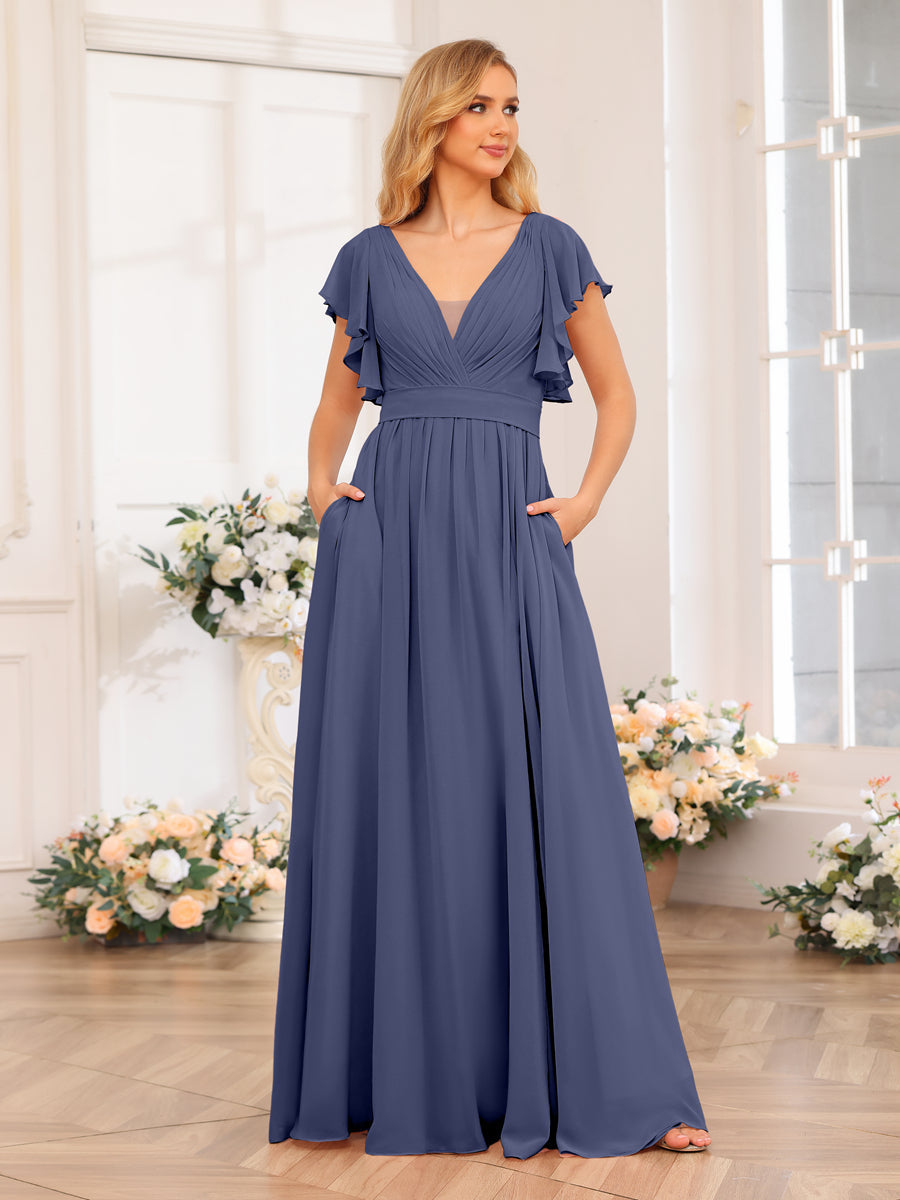 A-Line/Princess V-Neck Long Wedding Party Dresses with Split Side & Pockets Stormy Blue
