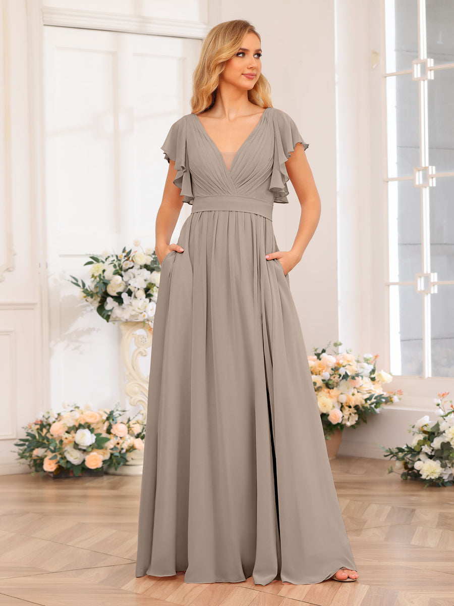 A-Line/Princess V-Neck Long Wedding Party Dresses with Split Side & Pockets Taupe