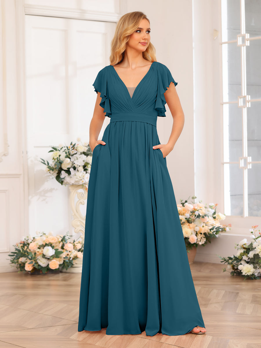 A-Line/Princess V-Neck Long Wedding Party Dresses with Split Side & Pockets Teal