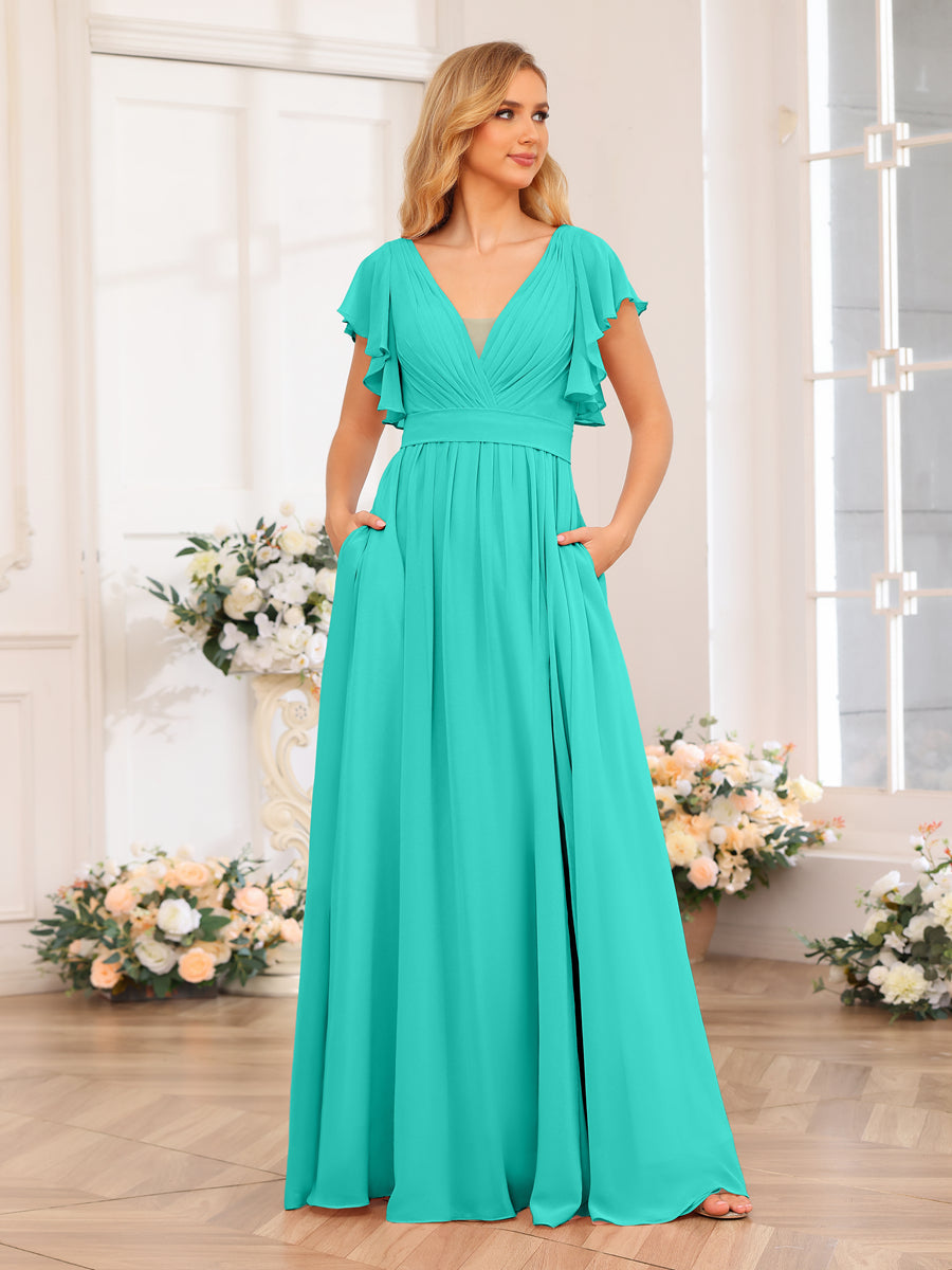 A-Line/Princess V-Neck Long Wedding Party Dresses with Split Side & Pockets Turquoise
