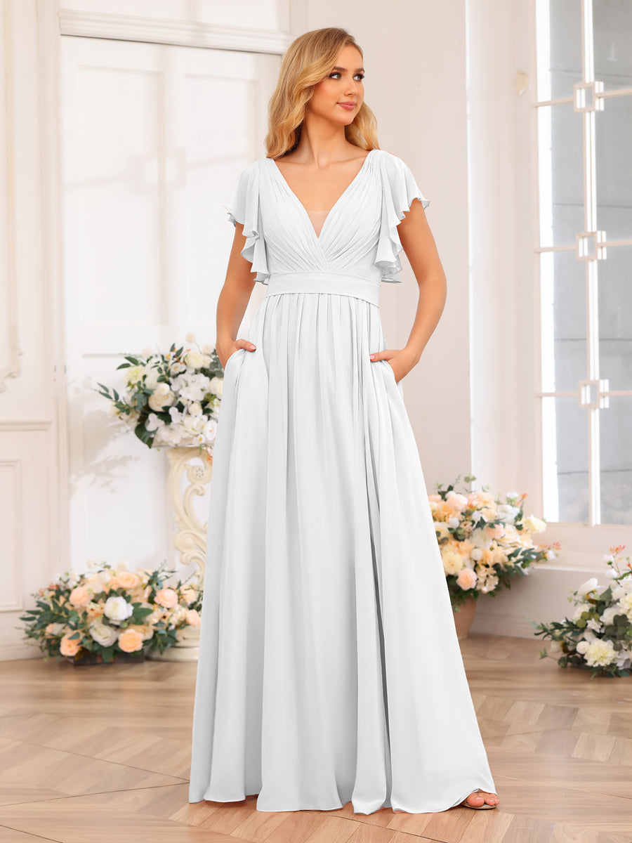 A-Line/Princess V-Neck Long Wedding Party Dresses with Split Side & Pockets White