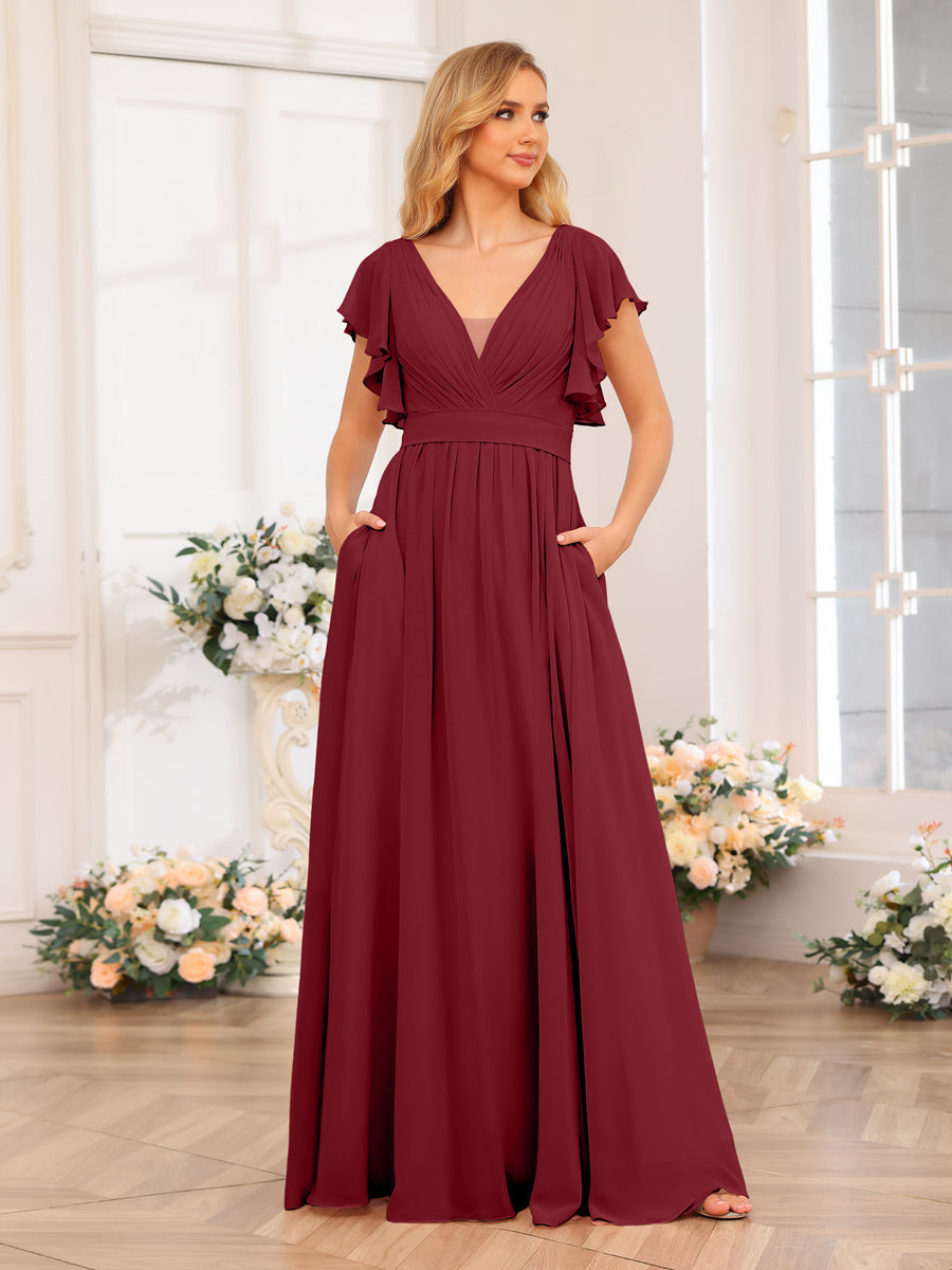 A-Line/Princess V-Neck Long Wedding Party Dresses with Split Side & Pockets Wine Red