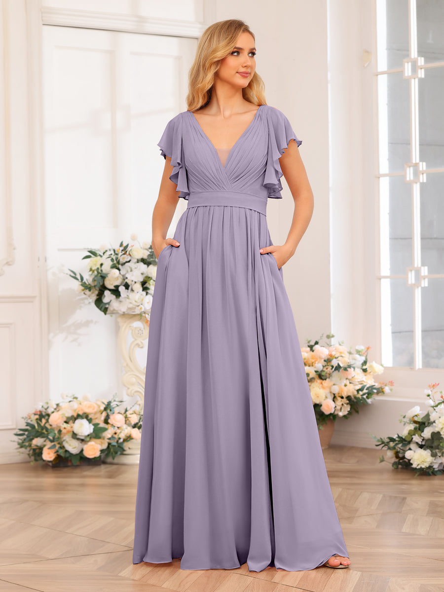 A-Line/Princess V-Neck Long Wedding Party Dresses with Split Side & Pockets Wisteria