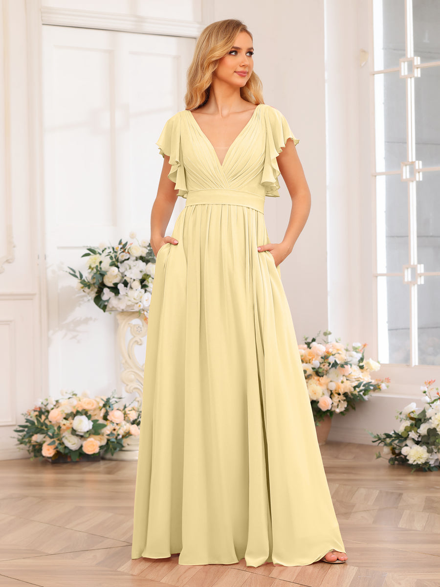 A-Line/Princess V-Neck Long Wedding Party Dresses with Split Side & Pockets Yellow