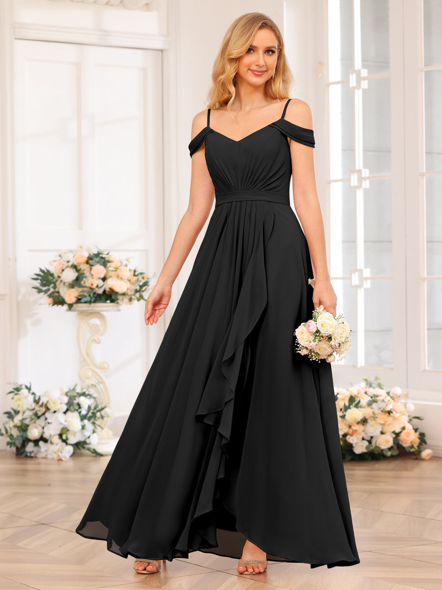 A-Line/Princess Spaghetti Straps Long Wedding Party Dresses with Split Side Black