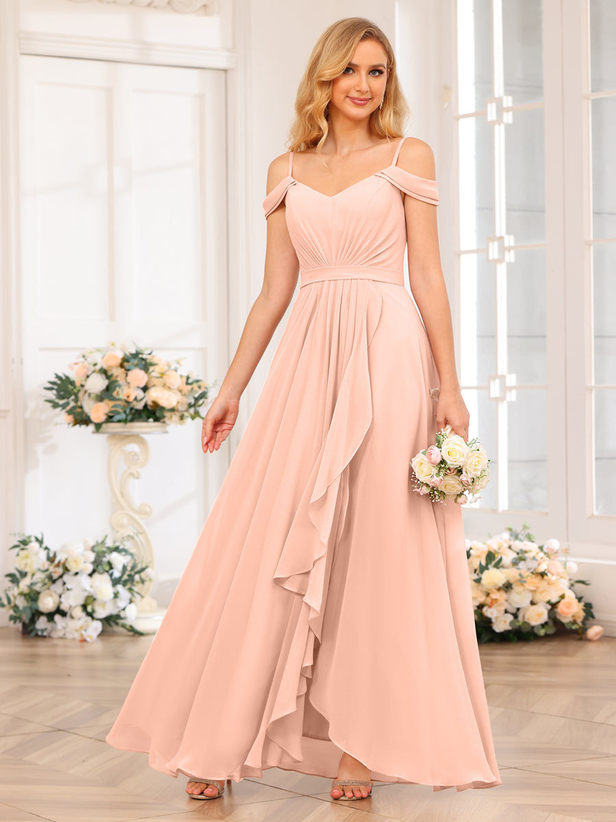 A-Line/Princess Spaghetti Straps Long Wedding Party Dresses with Split Side Blush Pink