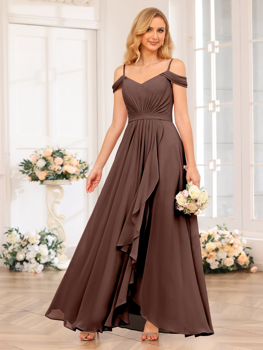 A-Line/Princess Spaghetti Straps Long Wedding Party Dresses with Split Side Brown