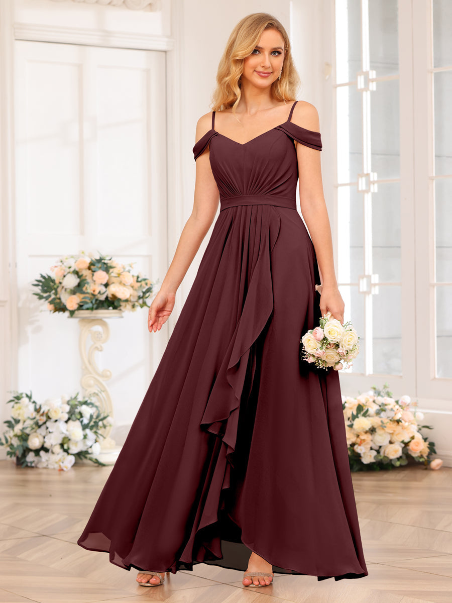 A-Line/Princess Spaghetti Straps Long Wedding Party Dresses with Split Side Burgundy