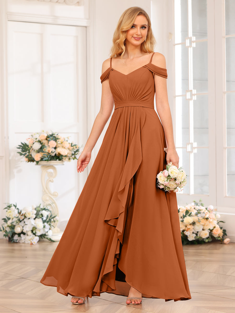 A-Line/Princess Spaghetti Straps Long Wedding Party Dresses with Split Side Burnt Orange