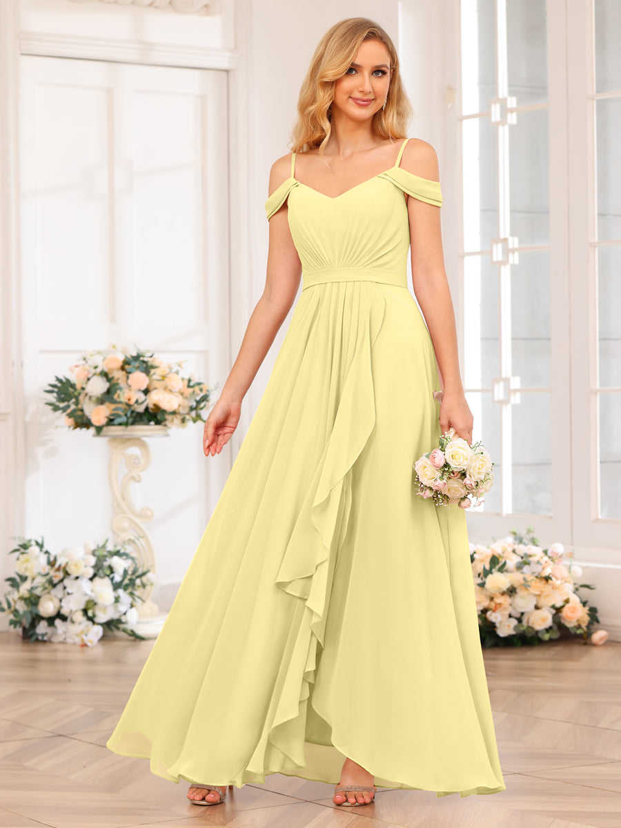 A-Line/Princess Spaghetti Straps Long Wedding Party Dresses with Split Side Canary