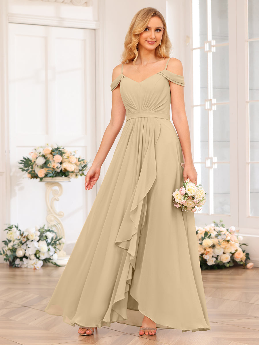 A-Line/Princess Spaghetti Straps Long Wedding Party Dresses with Split Side Champagne