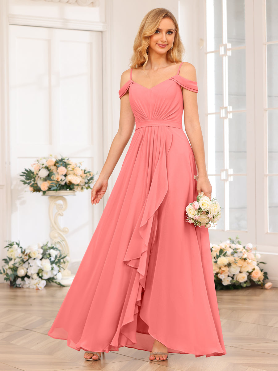 A-Line/Princess Spaghetti Straps Long Wedding Party Dresses with Split Side Coral