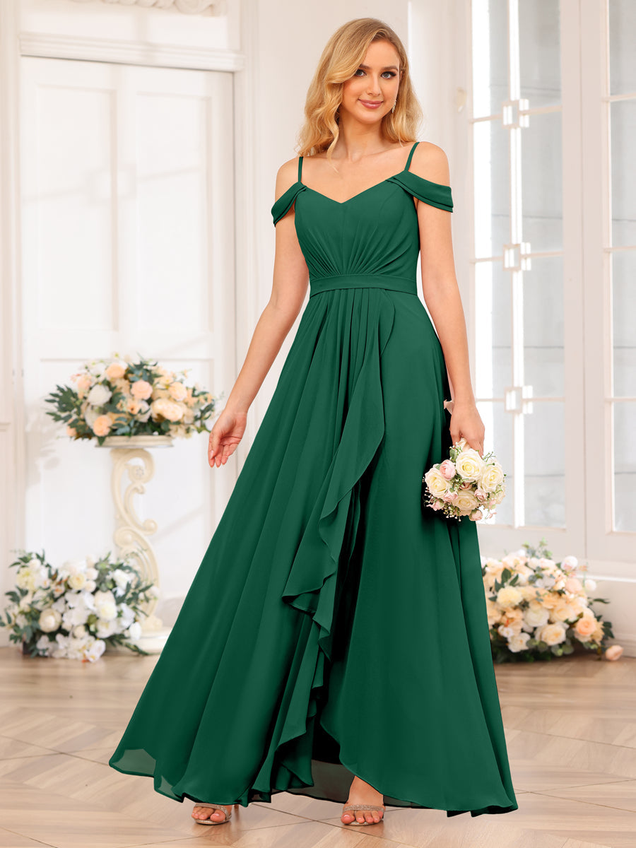 A-Line/Princess Spaghetti Straps Long Wedding Party Dresses with Split Side Dark Green