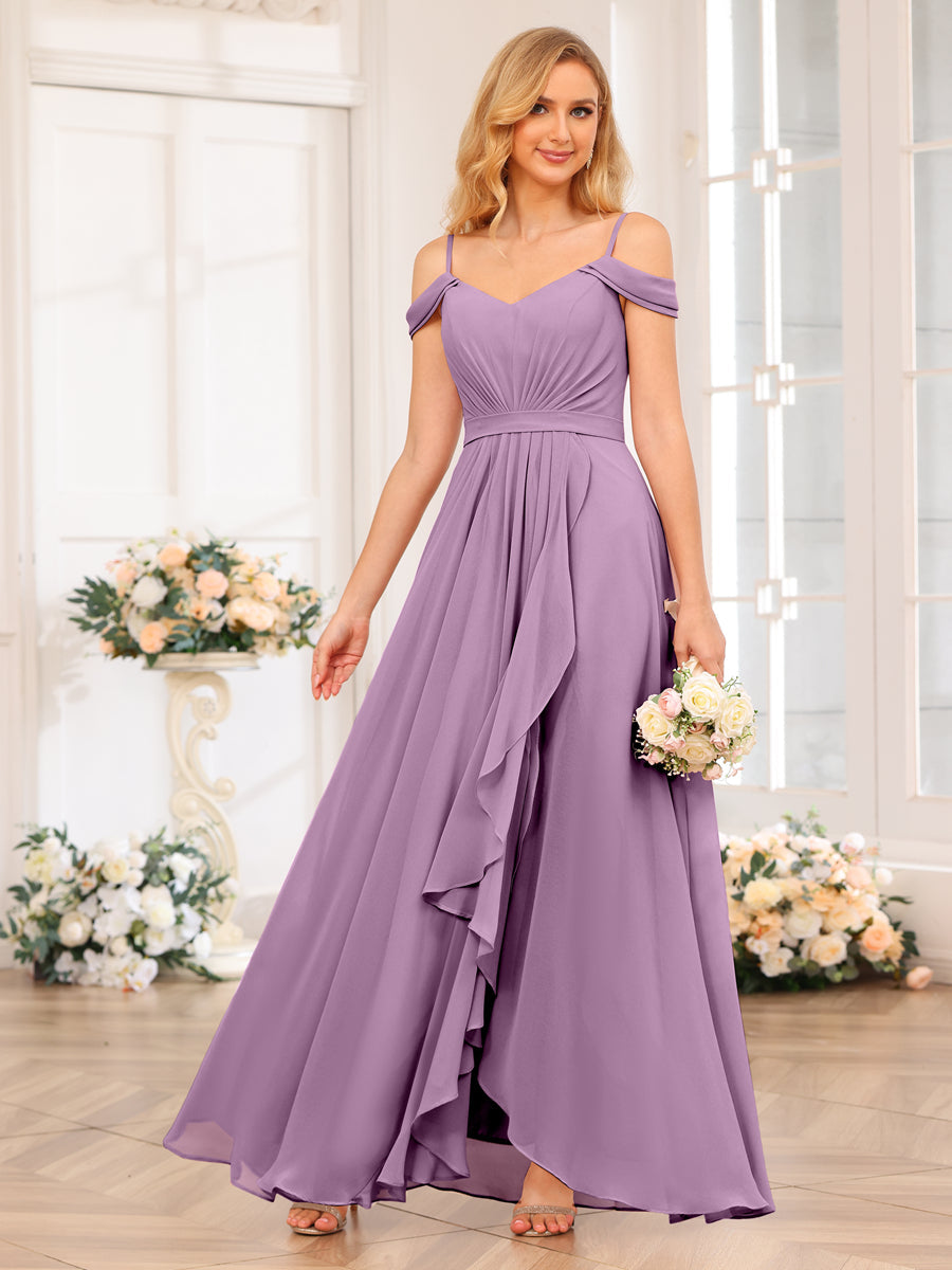 A-Line/Princess Spaghetti Straps Long Wedding Party Dresses with Split Side Dusty Purple