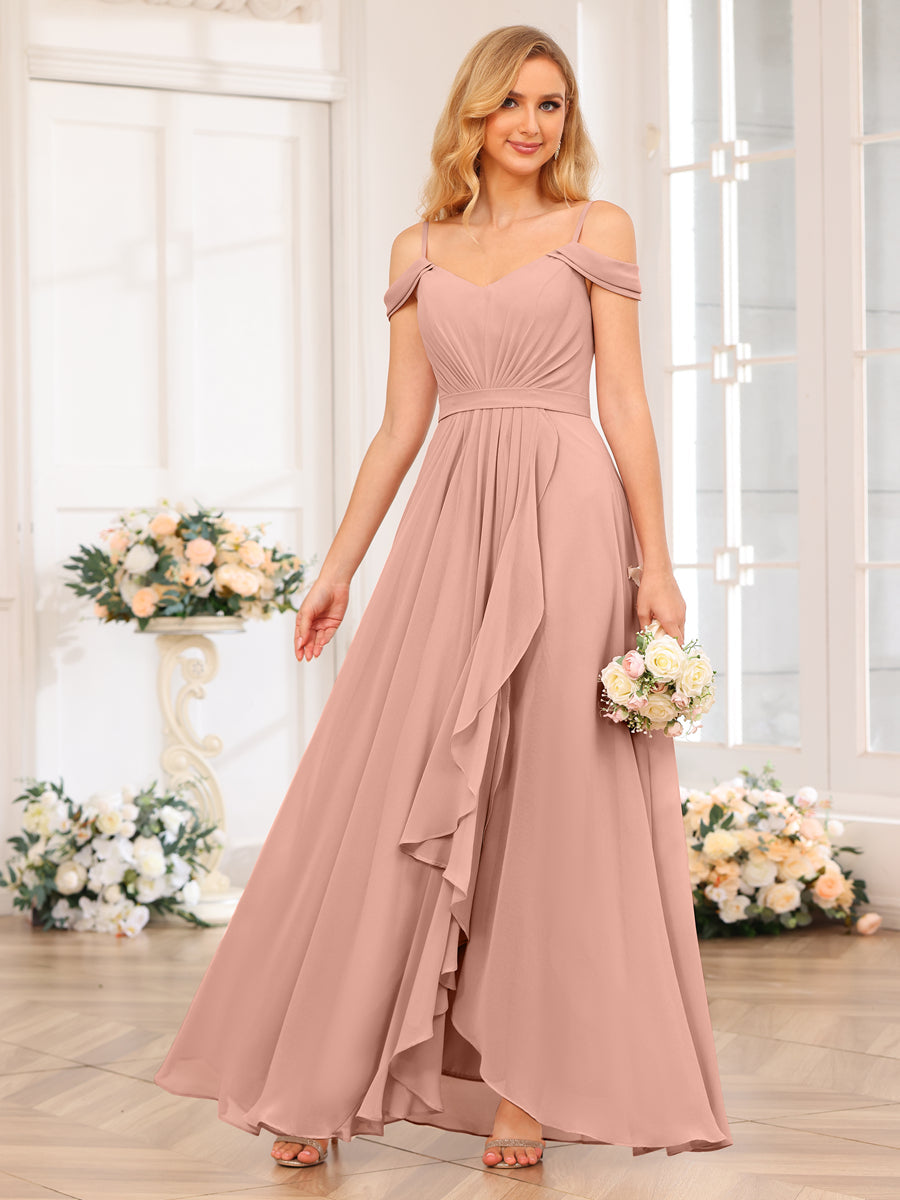 A-Line/Princess Spaghetti Straps Long Wedding Party Dresses with Split Side Dusty Rose