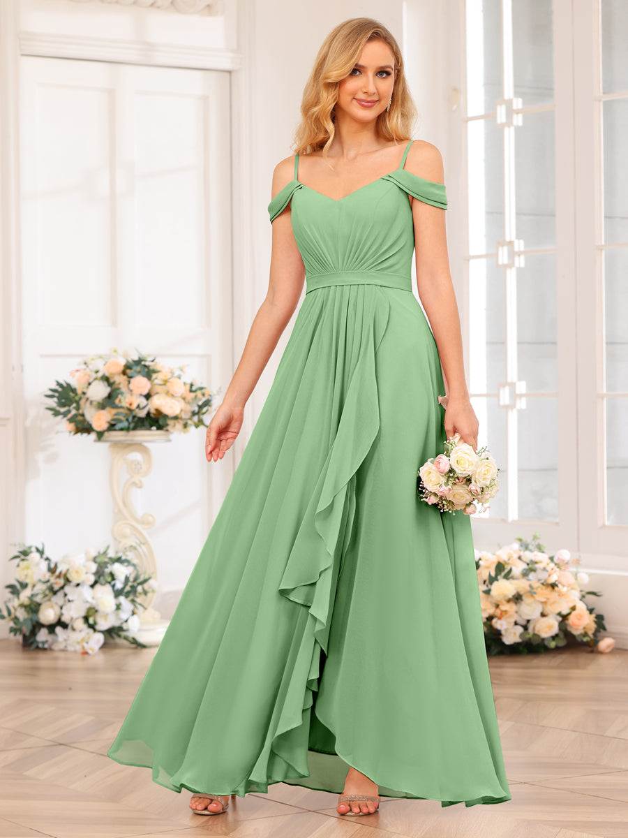 A-Line/Princess Spaghetti Straps Long Wedding Party Dresses with Split Side Dusty Sage