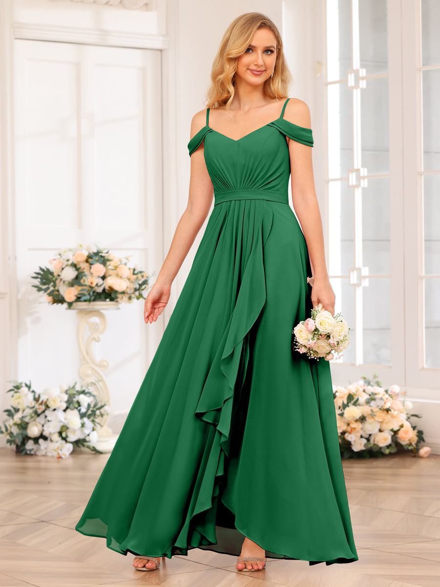 A-Line/Princess Spaghetti Straps Long Wedding Party Dresses with Split Side Emerald