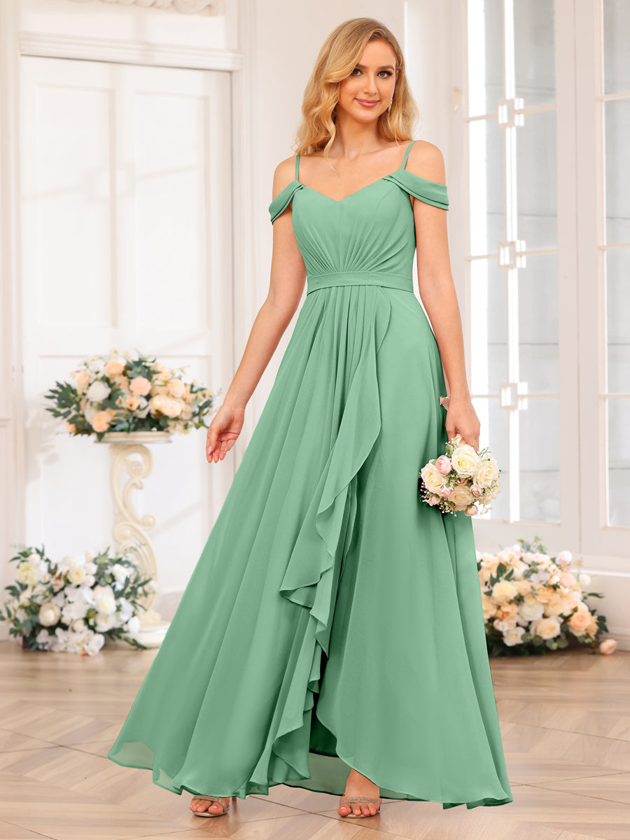 A-Line/Princess Spaghetti Straps Long Wedding Party Dresses with Split Side Eucalyptus