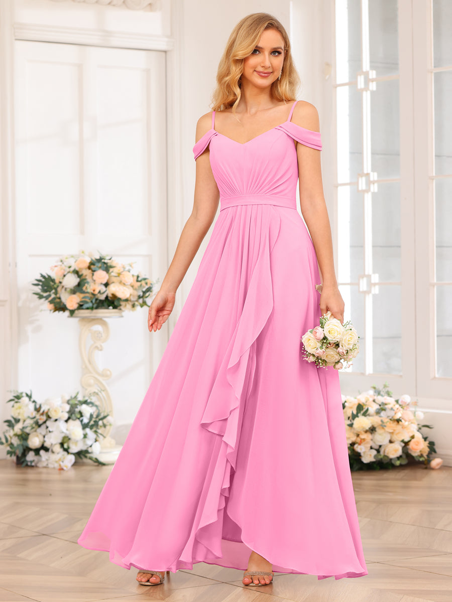 A-Line/Princess Spaghetti Straps Long Wedding Party Dresses with Split Side Fuchsia