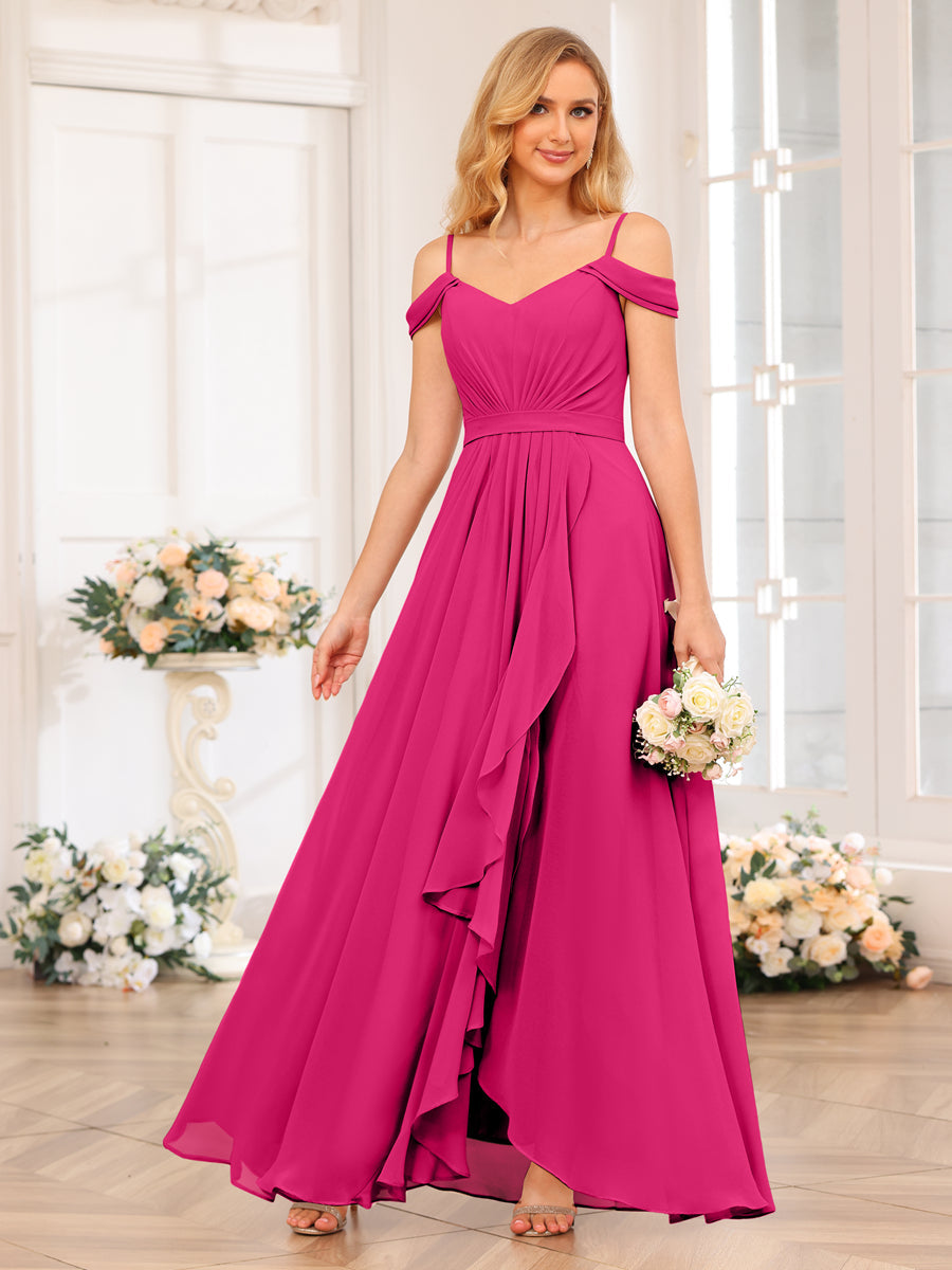 A-Line/Princess Spaghetti Straps Long Wedding Party Dresses with Split Side Fuchsia Pink