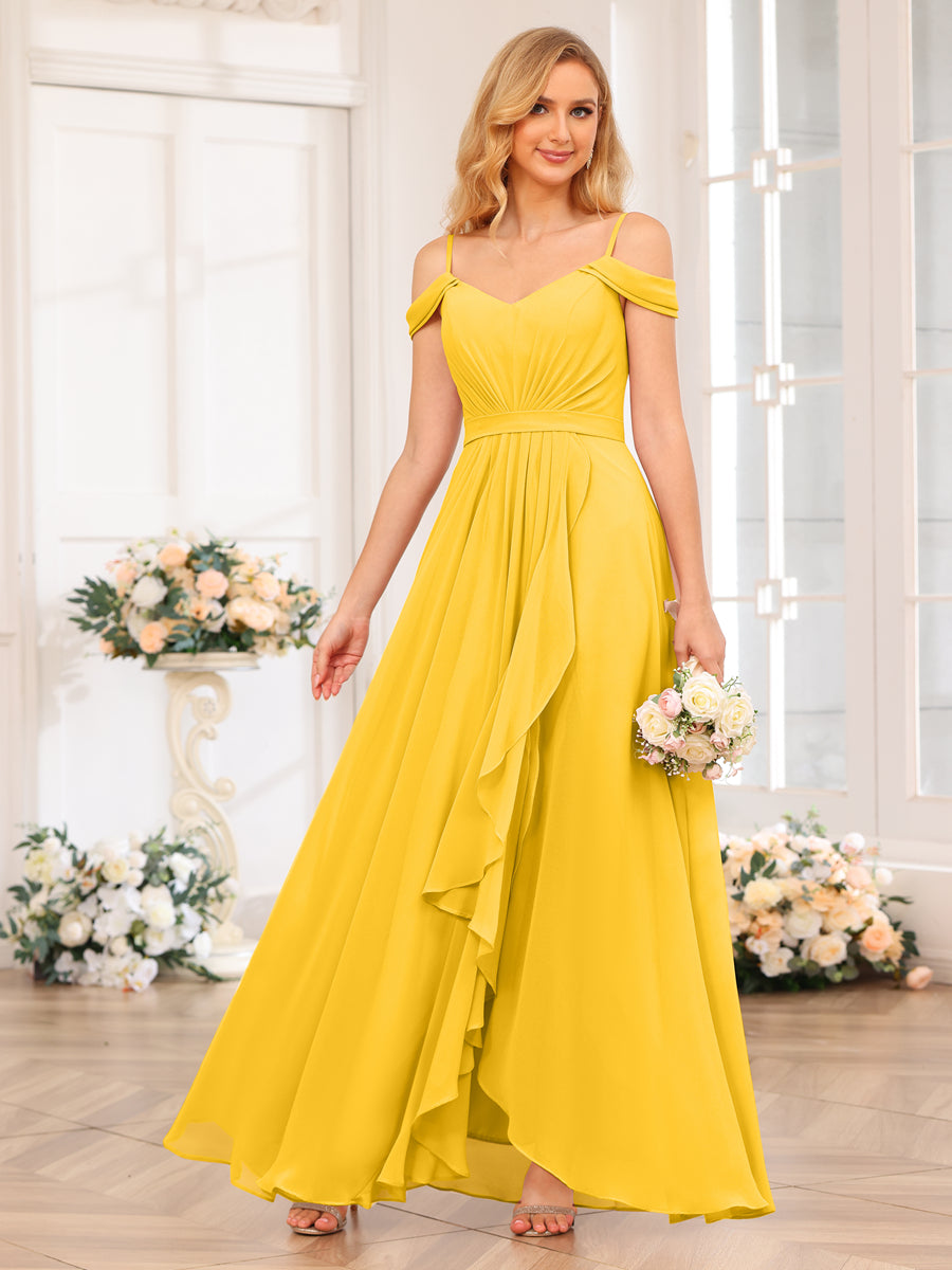 A-Line/Princess Spaghetti Straps Long Wedding Party Dresses with Split Side Gold