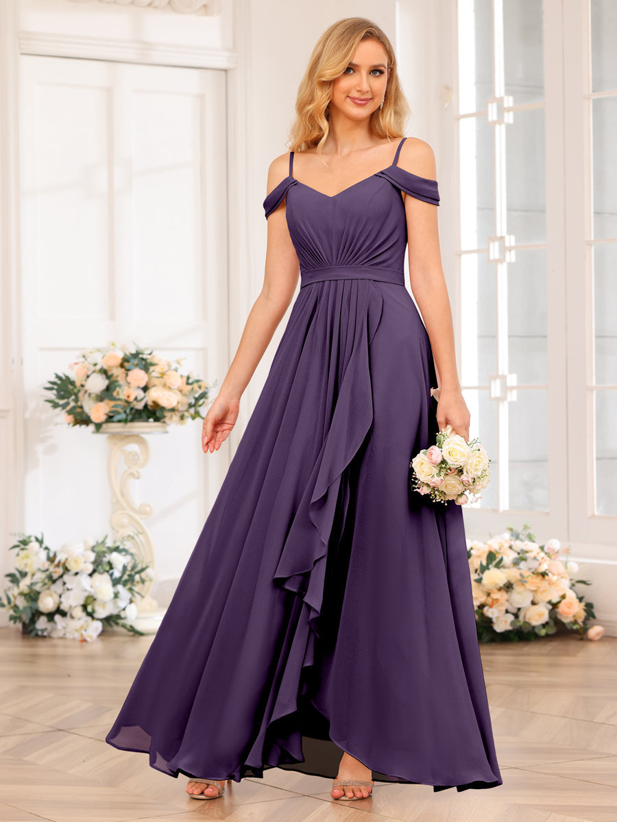 A-Line/Princess Spaghetti Straps Long Wedding Party Dresses with Split Side Grape