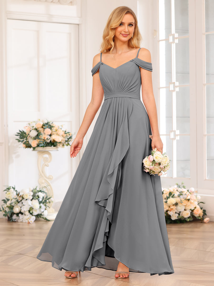 A-Line/Princess Spaghetti Straps Long Wedding Party Dresses with Split Side Gray