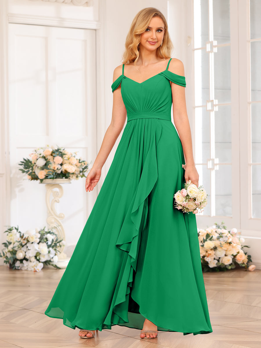 A-Line/Princess Spaghetti Straps Long Wedding Party Dresses with Split Side Green