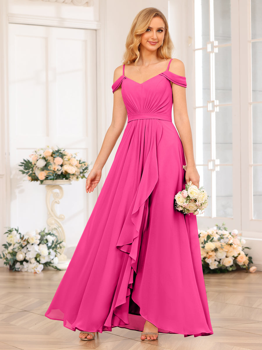 A-Line/Princess Spaghetti Straps Long Wedding Party Dresses with Split Side Hot Pink