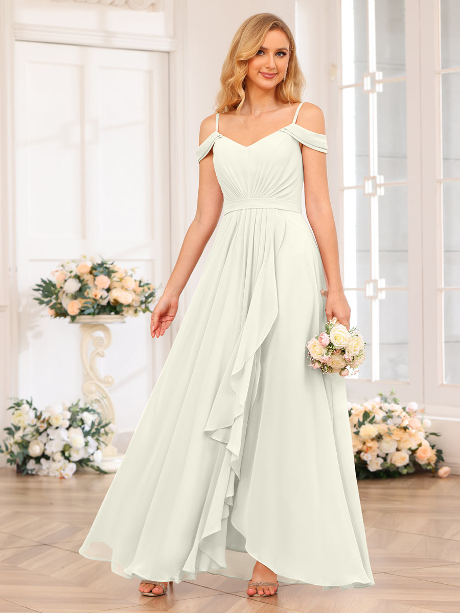 A-Line/Princess Spaghetti Straps Long Wedding Party Dresses with Split Side Ivory
