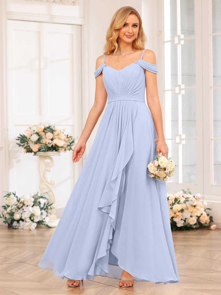 A-Line/Princess Spaghetti Straps Long Wedding Party Dresses with Split Side Lavender