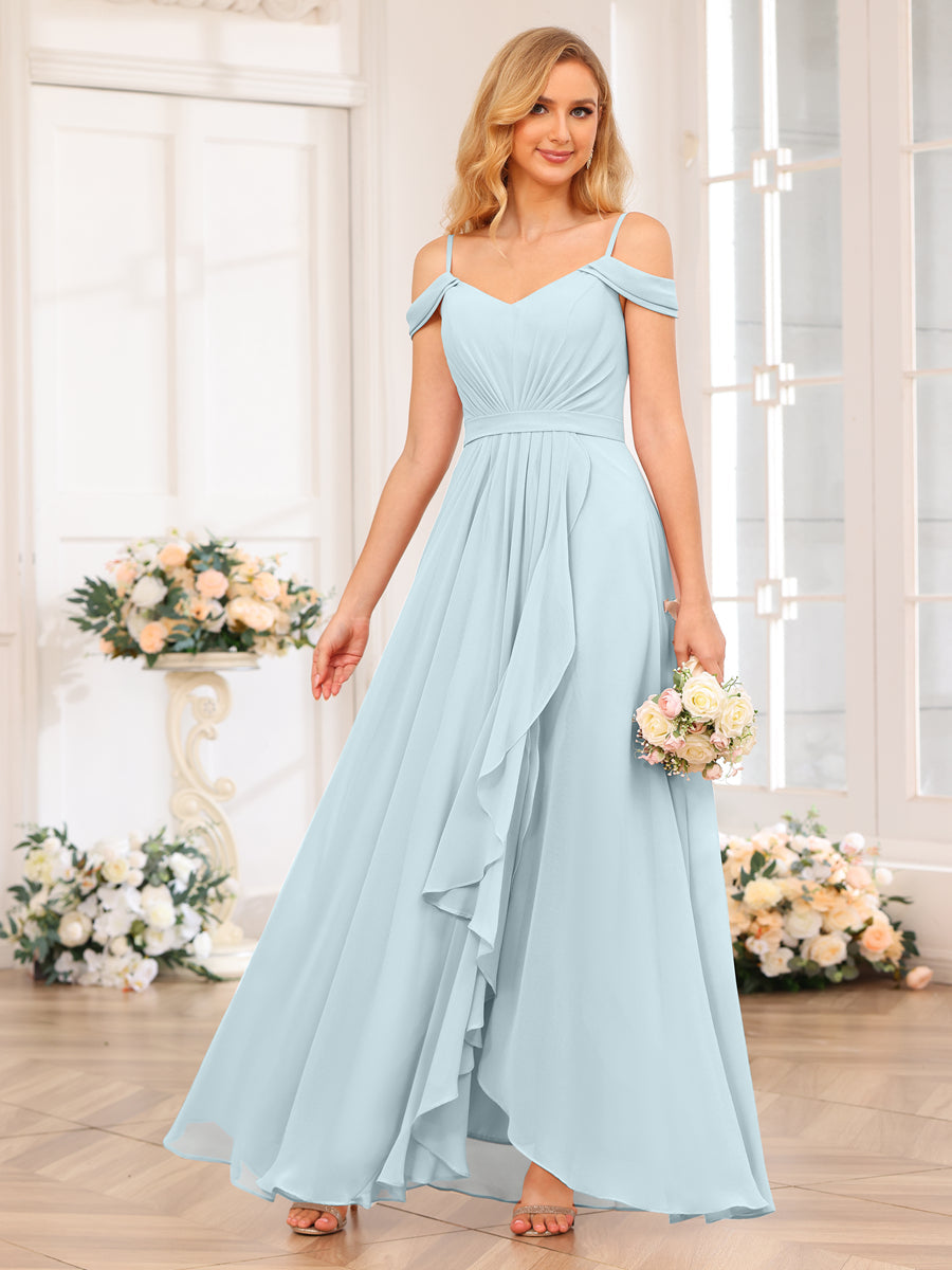 A-Line/Princess Spaghetti Straps Long Wedding Party Dresses with Split Side Light Blue